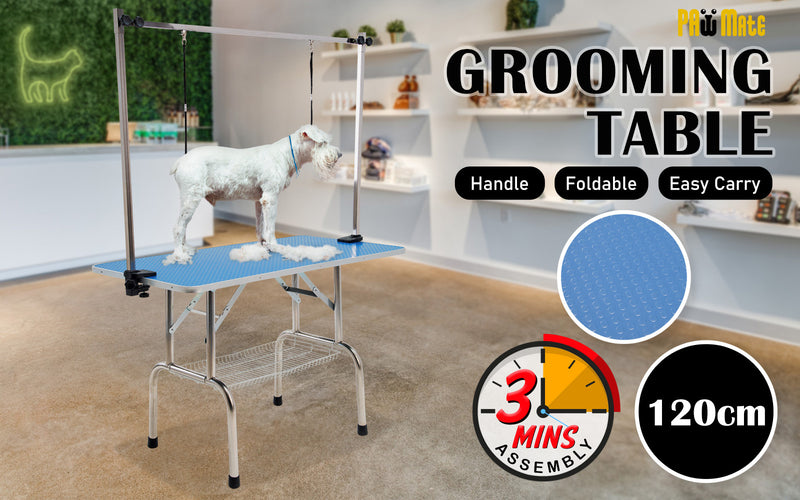 Paw Mate Pet Grooming Salon Table Dual 120cm Adjustable Foldable Mobile for Commercial BLUE