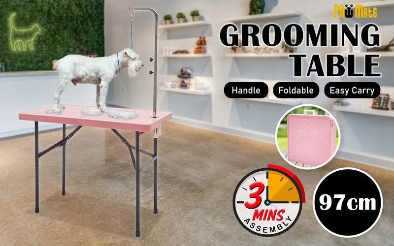 Paw Mate Pet Grooming Salon Table 97cm Adjustable Foldable Mobile Dog Cat for Commercial PINK