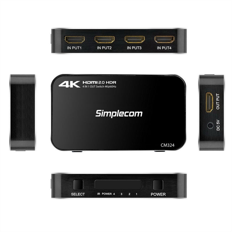 Simplecom CM324 4 Way HDMI 2.0 Switch with Remote 4 In 1 Out Splitter HDCP 2.2 4K @60Hz UHD HDR