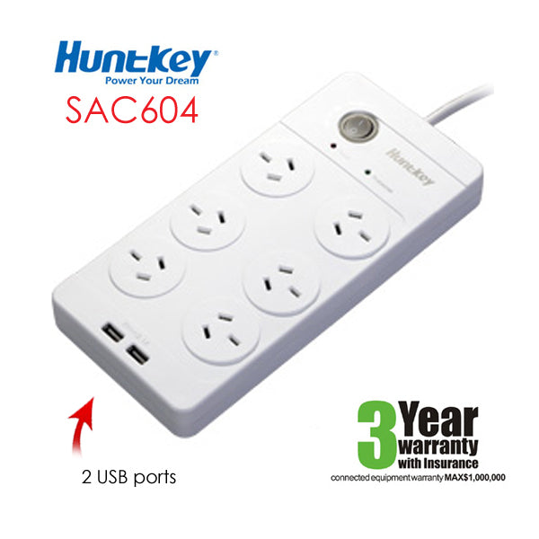 Huntkey Power Board (SAC604) with 6 sockets and 2 USB ports