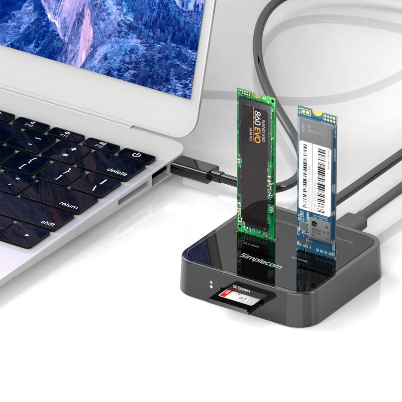 Simplecom SD530 USB 3.2 Gen2 to NVMe + SATA M.2 SSD Dual Bay Docking Station with SD Express Card Reader