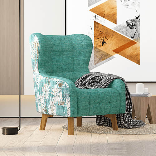 Armchair High back Lounge Accent Chair Designer Printed Fabric with Wooden Leg