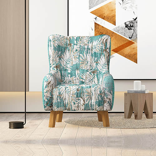 Armchair High back Lounge Accent Chair Designer Printed Fabric Upholstery with Wooden Leg