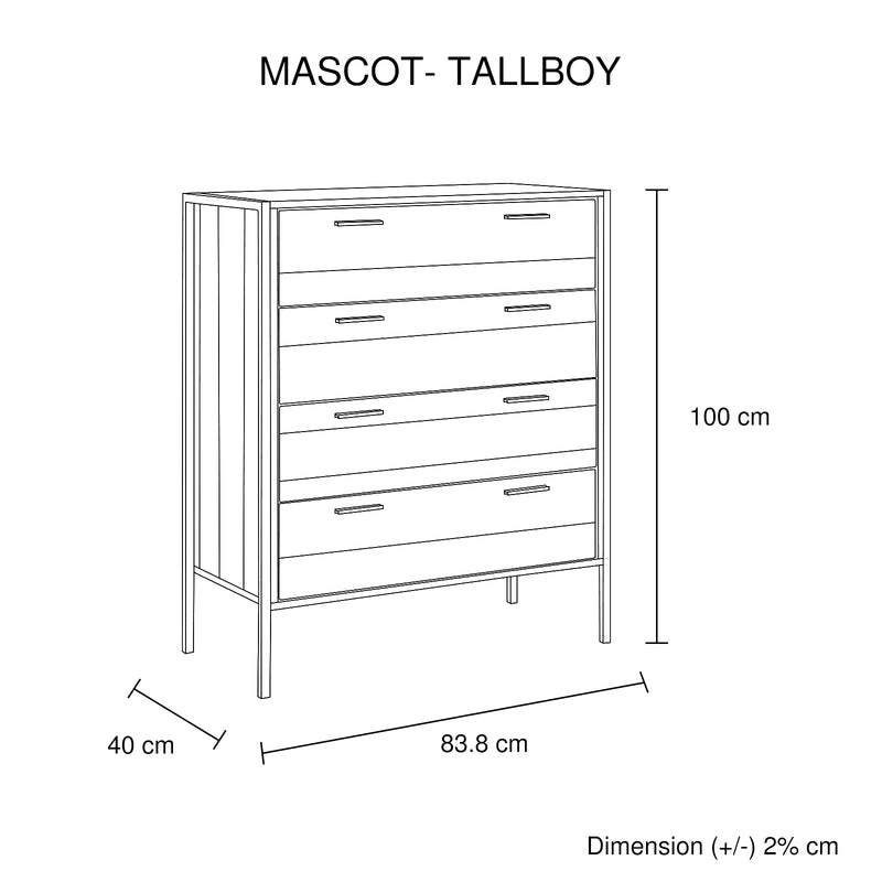 4 Pieces Bedroom Suite with Particle Board Contraction and Metal Legs Queen Size Oak Colour Bed, Bedside Table & Tallboy