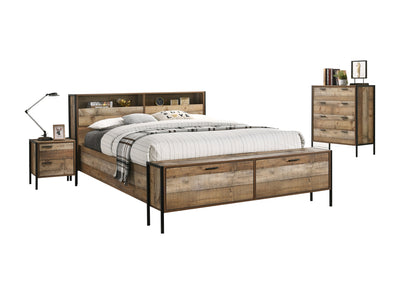 4 Pieces Storage Bedroom Suite with Particle Board Contraction and Metal Legs Queen Size Oak Colour Bed, Bedside Table & Tallboy