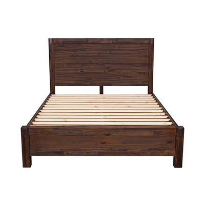 3 Pieces Bedroom Suite in Solid Wood Veneered Acacia Construction Timber Slat Double Size Chocolate Colour Bed, Bedside Table