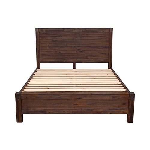 3 Pieces Bedroom Suite in Solid Wood Veneered Acacia Construction Timber Slat Double Size Chocolate Colour Bed, Bedside Table