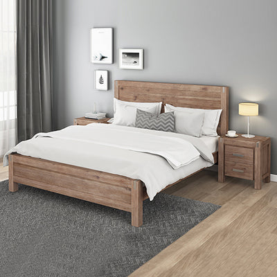 3 Pieces Bedroom Suite in Solid Wood Veneered Acacia Construction Timber Slat Double Size Oak Colour Bed, Bedside Table