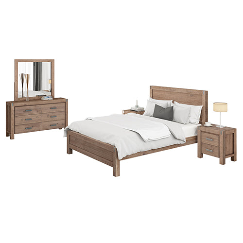 4 Pieces Bedroom Suite in Solid Wood Veneered Acacia Construction Timber Slat Double Size Chocolate Colour Bed, Bedside Table & Dresser