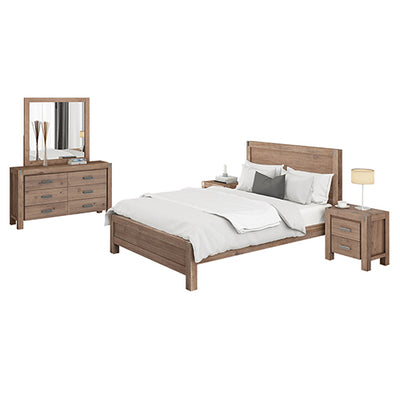 5 Pieces Bedroom Suite in Solid Wood Veneered Acacia Construction Timber Slat Queen Size Chocolate Colour Bed, Bedside Table , Tallboy & Dresser