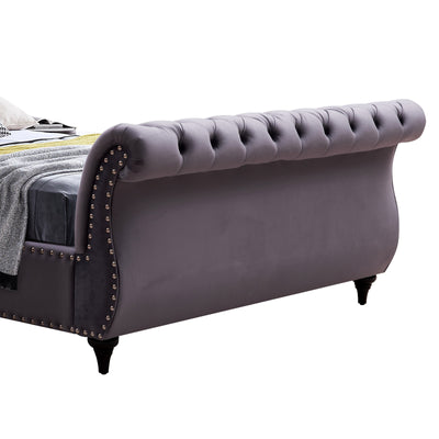 Queen Size Sleigh Bedframe Velvet Upholstery Grey Colour Tufted Headboard And Footboard Deep Quilting