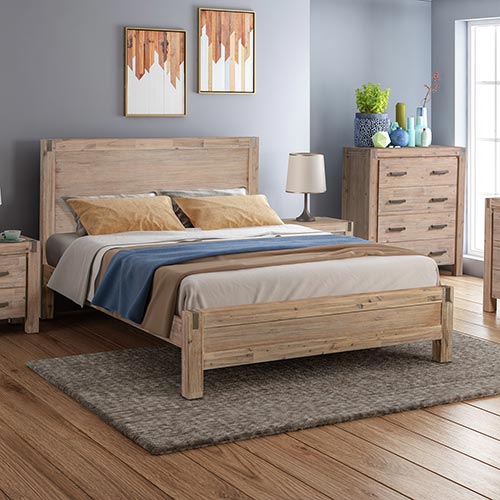 King size Bed Frame in Solid Acacia Wood with Medium High Headboard in Oak Colour