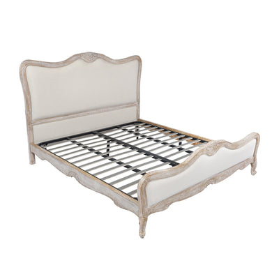 King Size Bed Frame Linen Fabric Beige Oak Wood White Washed Finish Slat Base Mattress Support