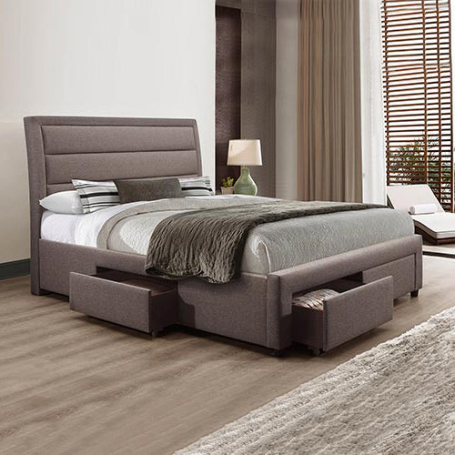 Storage Bed Frame Queen Size Upholstery Fabric in Light Grey with Base Drawers