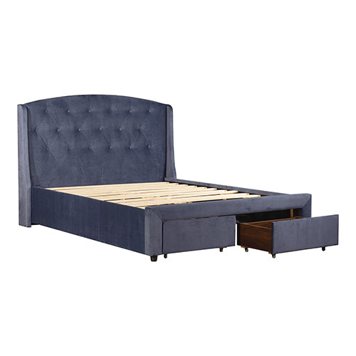 Queen Size Storage Bed Frame Upholtery Navy Blue Fabric with 2 Drawers