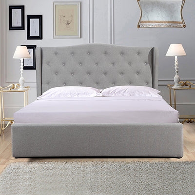 Gas Lift Queen Size Storage Bed Frame Upholstery Fabric in Grey Colour with Tufted Headboard and Wings