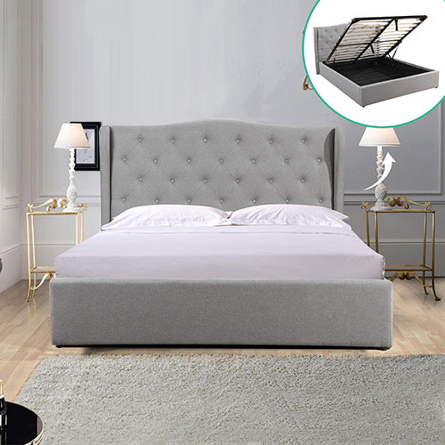 Gas Lift Queen Size Storage Bed Frame Upholstery Fabric in Grey Colour with Tufted Headboard and Wings