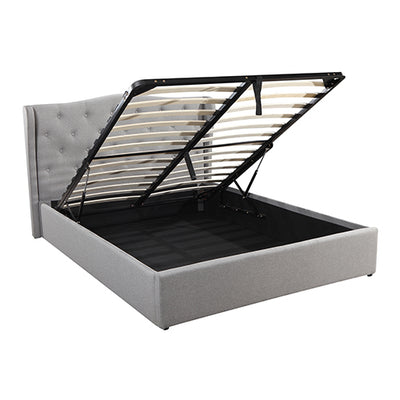 Gas Lift Queen Size Storage Bed Frame Upholstery Fabric in Grey Colour with Tufted Headboard and Wings