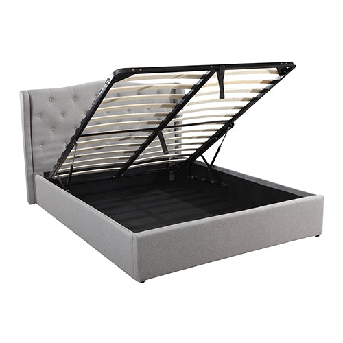 Gas Lift Queen Size Storage Bed Frame Upholstery Fabric in Grey Colour with Tufted Headboard and Wings