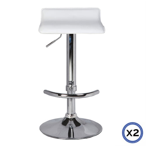 2X White Bar Stools Faux Leather Low Back Adjustable Crome Base Gas Lift Slim Seat Swivel Chairs