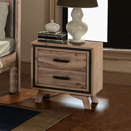 Bedside Table 2 drawer Night Stand with Solid Acacia Storage in Sliver Brush Colour