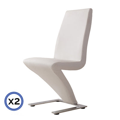 2x Z Shape White Leatherette Dining Chairs with Stainless Base