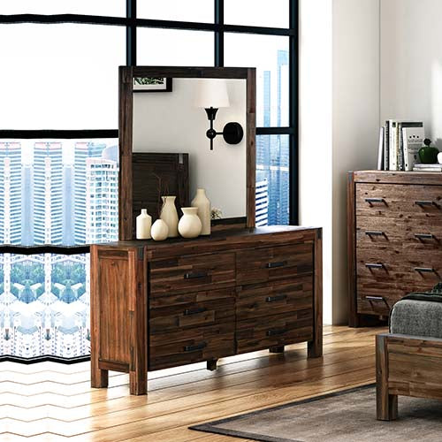 Dresser with 6 Storage Drawers in Solid Acacia & Veneer With Mirror in Chocolate Colour