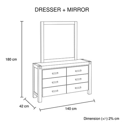 Dresser with 6 Storage Drawers in Solid Acacia & Veneer With Mirror in Chocolate Colour