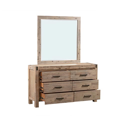 Dresser with 6 Storage Drawers in Solid Acacia & Veneer With Mirror in Oak Colour