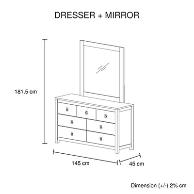 Dresser with 7 Storage Drawers in Solid Acacia & Veneer With Mirror in Could White Ash Colour