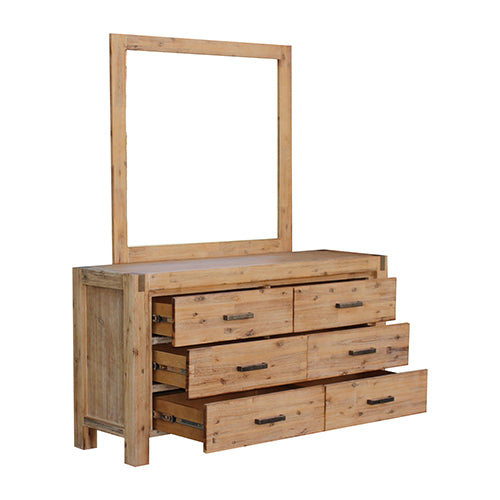 Dresser with 6 Storage Drawers in Solid Acacia & Veneer With Mirror in Oak Colour