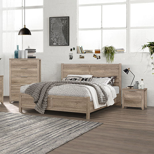 5 Pieces Bedroom Suite Natural Wood Like MDF Structure Double Size Oak Colour Bed, Bedside Table, Tallboy & Dresser