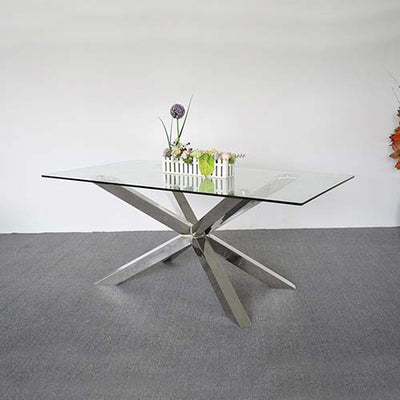 Dining Table in Crisscross Shaped High Glossy Stainless Steel Base with 12mm Tempered Glass Top