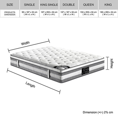 Mattress Euro Top Double Size Pocket Spring Coil with Knitted Fabric Medium Firm 34cm Thick