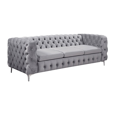 3+2 Seater Sofa Classic Button Tufted Lounge in Grey Velvet Fabric with Metal Legs