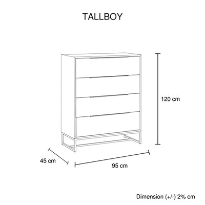 Tallboy with 4 Storage Drawers Assembled Solid Acacia Wooden Construction in Tea Colour