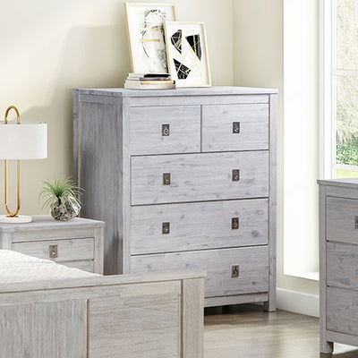 Tallboy with 5 Storage Drawers in Cloud White Ash Color with Solid Acacia Wooden Frame