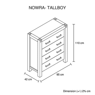 Tallboy with 4 Storage Drawers Solid Wooden Assembled in Chocolate Colour