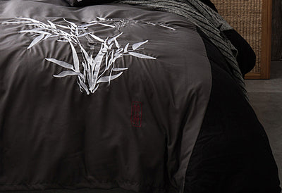 Luxton Queen Size Embroidered Bamboo Pattern Black Grey Quilt Cover Set (3PCS)