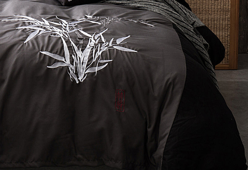 Luxton Queen Size Embroidered Bamboo Pattern Black Grey Quilt Cover Set (3PCS)