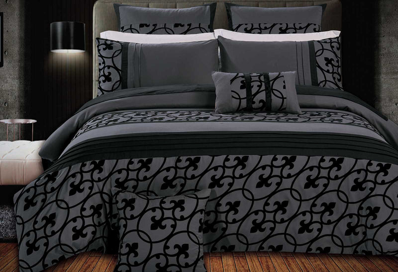 Luxton Queen Size Flocking Charcoal Black Quilt Cover Set (3PCS)