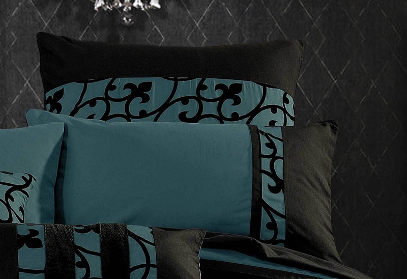 Luxton Super King Size Dark Teal Black Flocking Quilt Cover Set(3PCS)