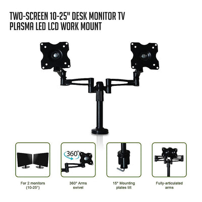 Two-Screen 10-25" Desk Monitor TV Plasma LED LCD Work Mount