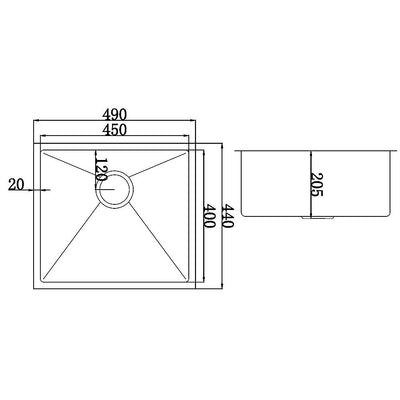 490x440mm Handmade Stainless Steel Undermount / Topmount Kitchen Laundry Sink with Waste