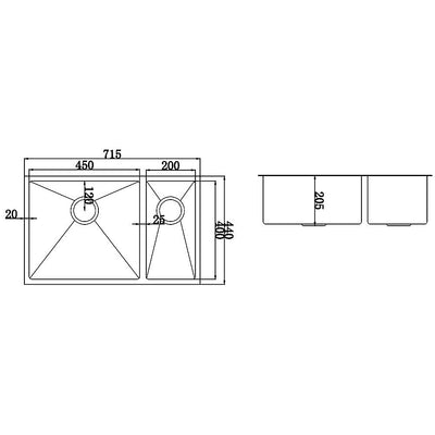 715x440mm Handmade Stainless Steel Undermount / Topmount Kitchen Sink with Waste