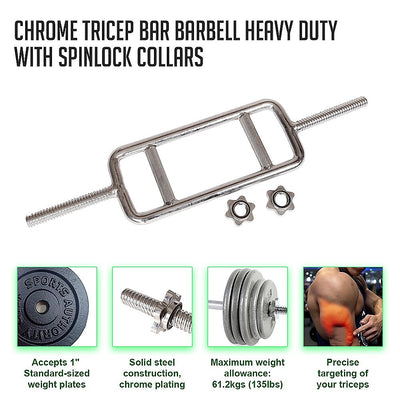 Chrome Tricep Bar Barbell Heavy Duty with Spinlock Collars