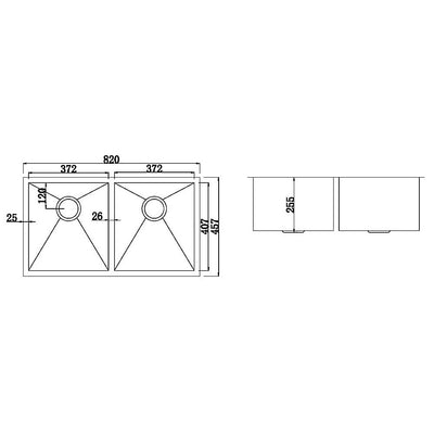 820x457mm Handmade Stainless Steel Undermount / Topmount Kitchen Laundry Sink with Waste