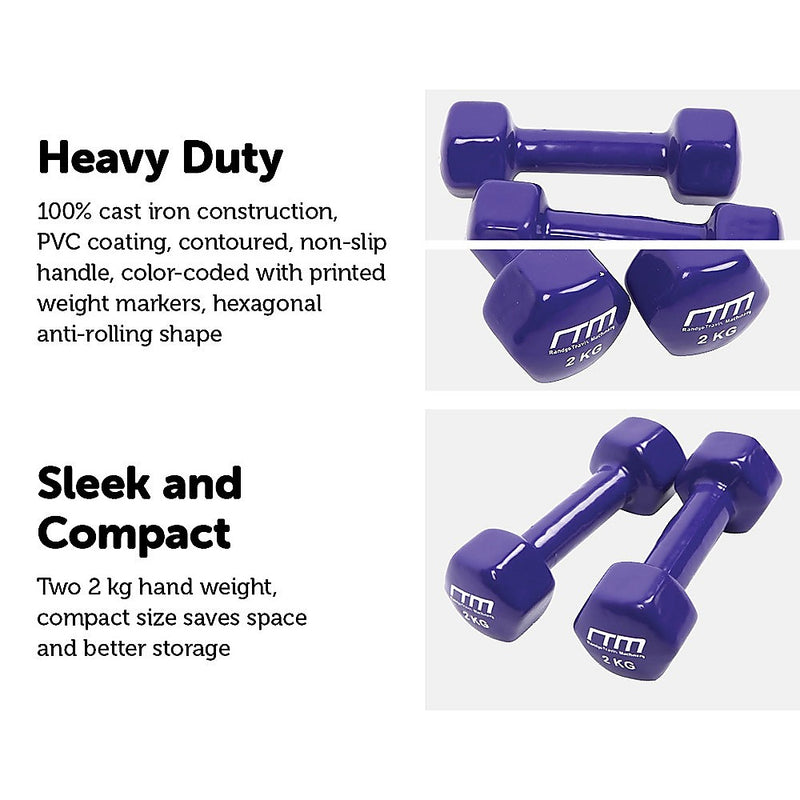 2kg Dumbbells Pair PVC Hand Weights Rubber Coated