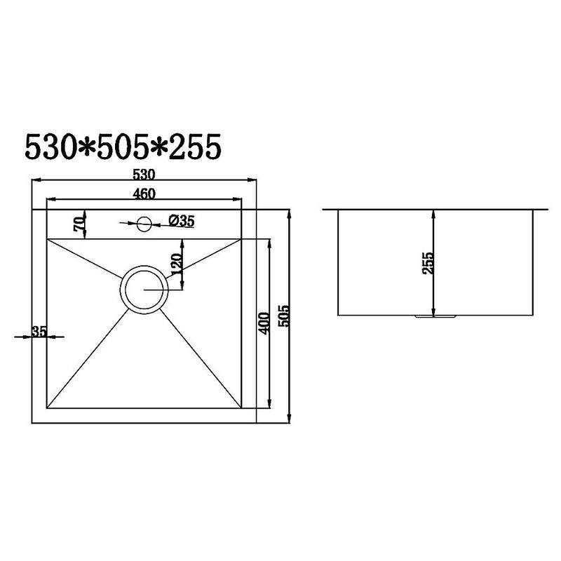 530x505mm Handmade Stainless Steel Topmount Kitchen Laundry Sink with Waste