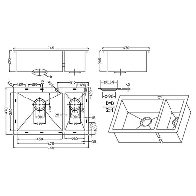 745x470mm Handmade Stainless Steel Topmount Kitchen Sink with Waste